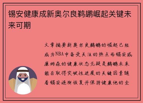 锡安健康成新奥尔良鹈鹕崛起关键未来可期